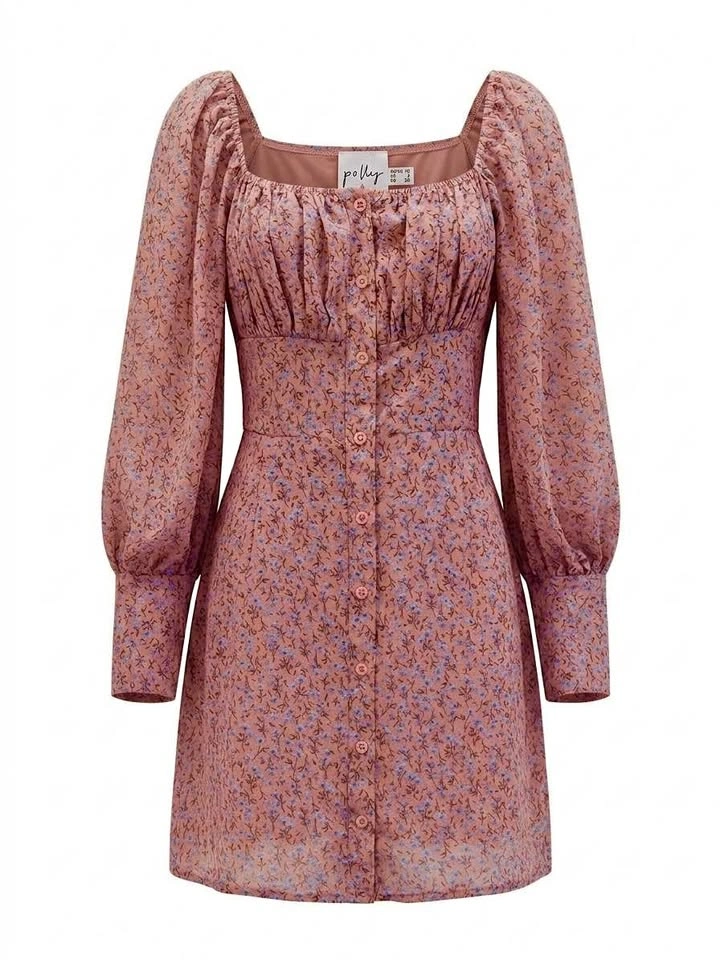 Princess Polly Pink Floral Mini Dress - Square Neck Buttons Cott