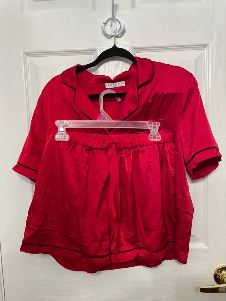 Satin Short Pajama Set - Red, M - photo 2