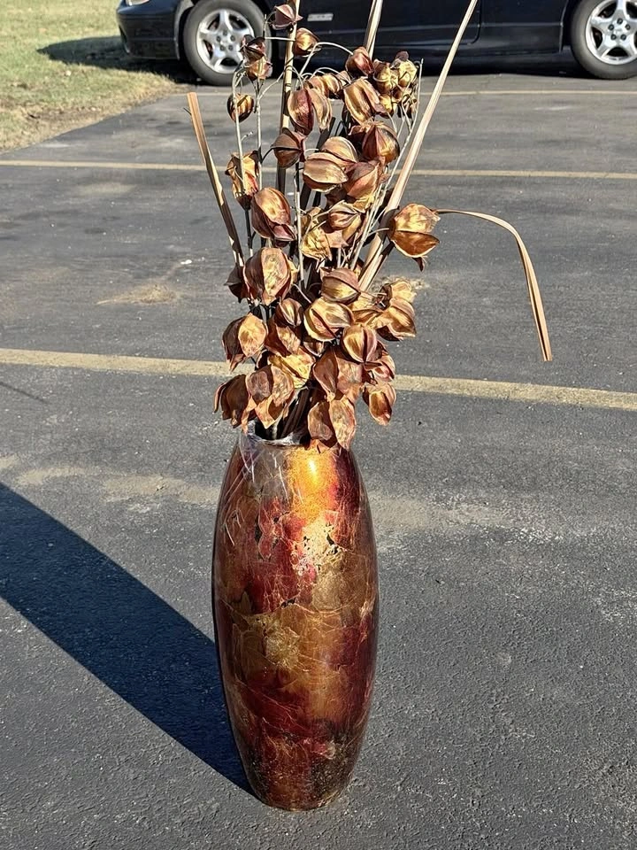 Tall Decorative Floor Vase w/ Artificial Floral Arrangement Brow