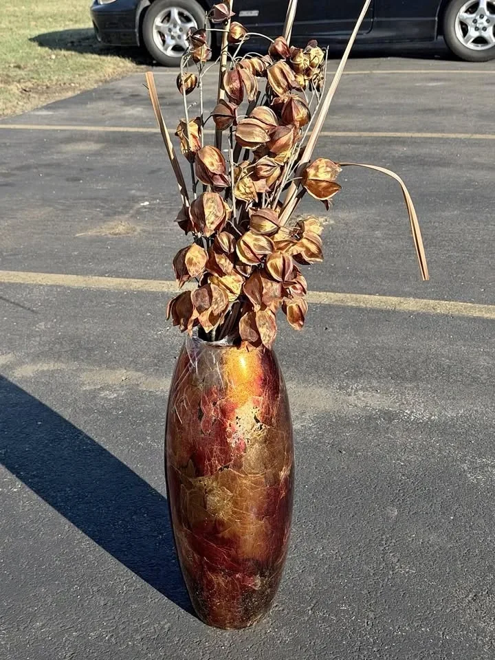 Tall Decorative Floor Vase w/ Artificial Floral Arrangement Brow
