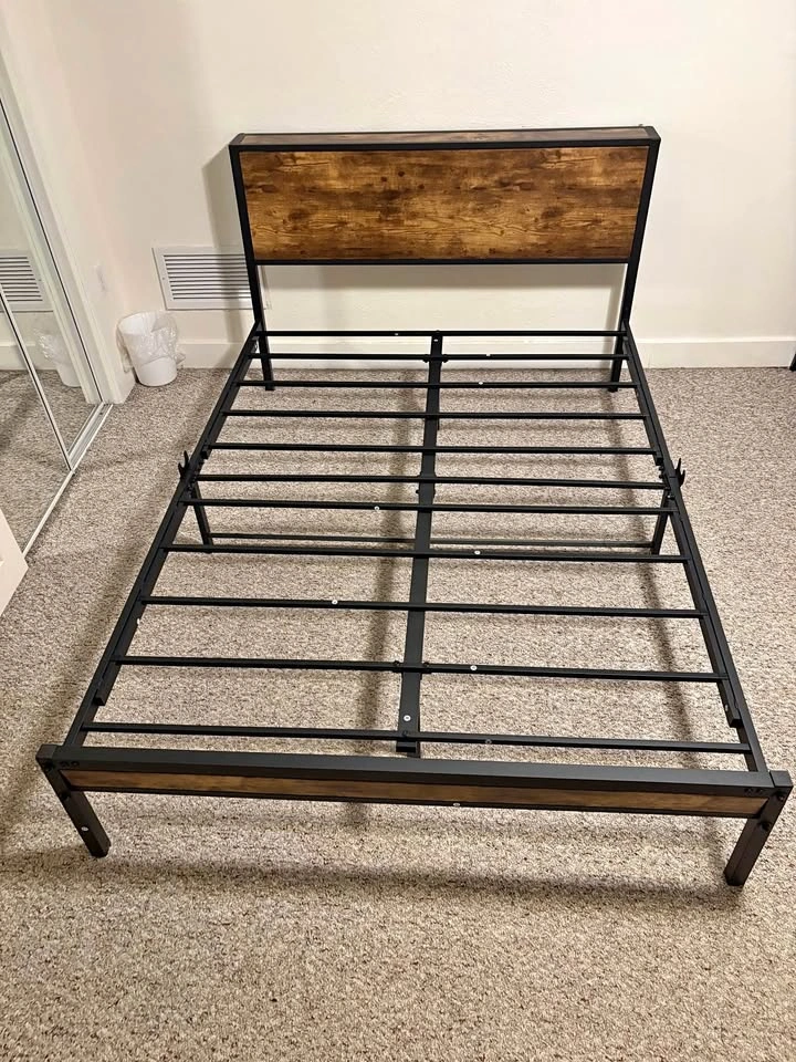 Full Metal Platform Bed Frame w/ Wood Headboard + Optional Mattr