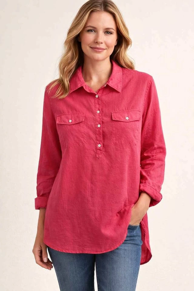 Lauren Ralph Lauren Pink Linen Blouse Button Front Summer Top XL