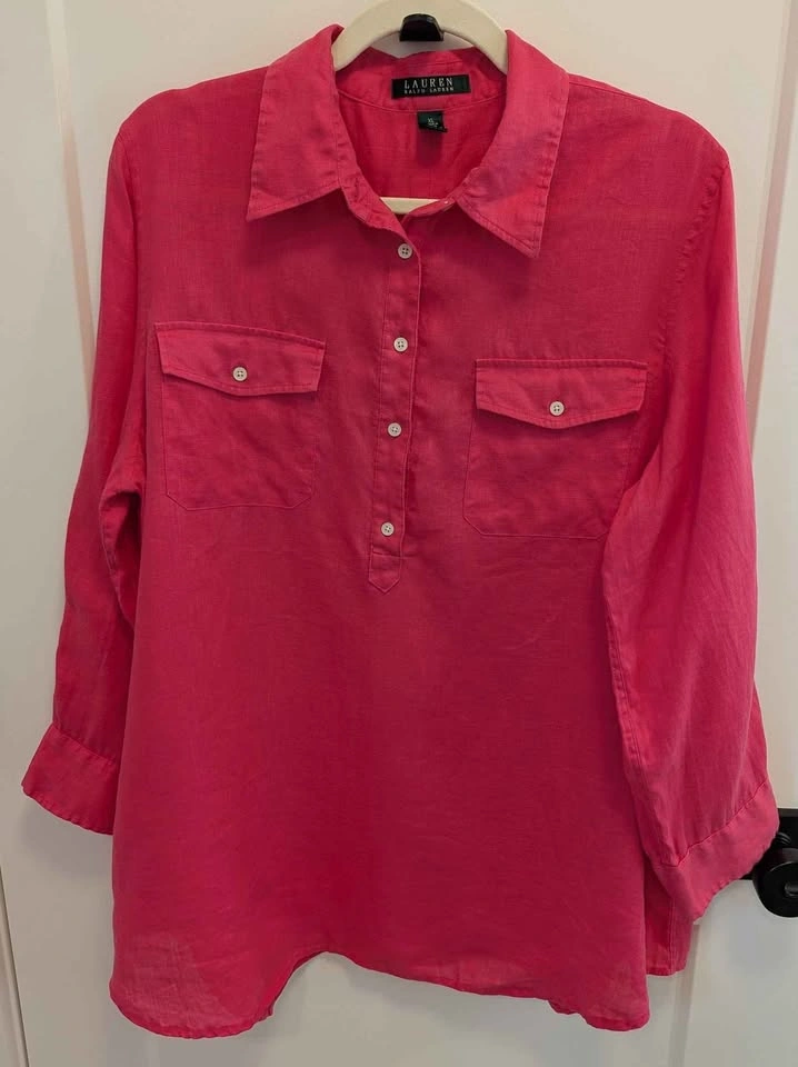 Lauren Ralph Lauren Pink Linen Blouse Button Front Summer Top XL - photo 2