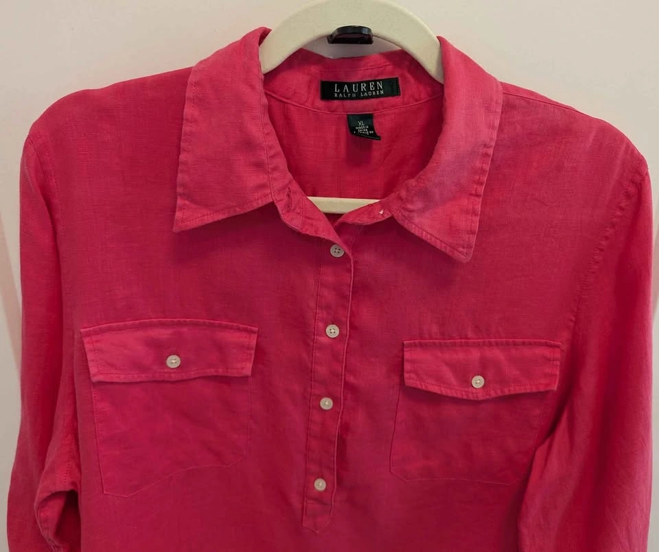 Lauren Ralph Lauren Pink Linen Blouse Button Front Summer Top XL - photo 3