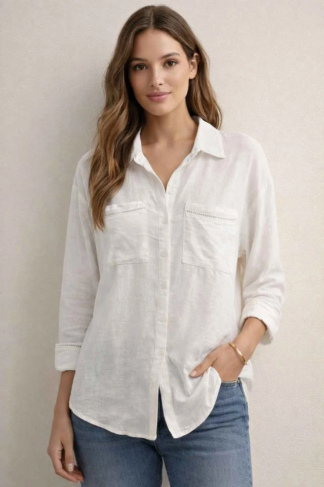 Melanie Lyne White Linen Blend Blouse - Size 6