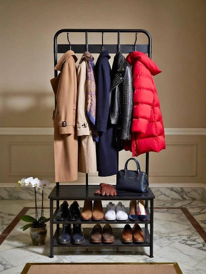Black Metal Hall Coat Hanger with Bench & Shoe Storage