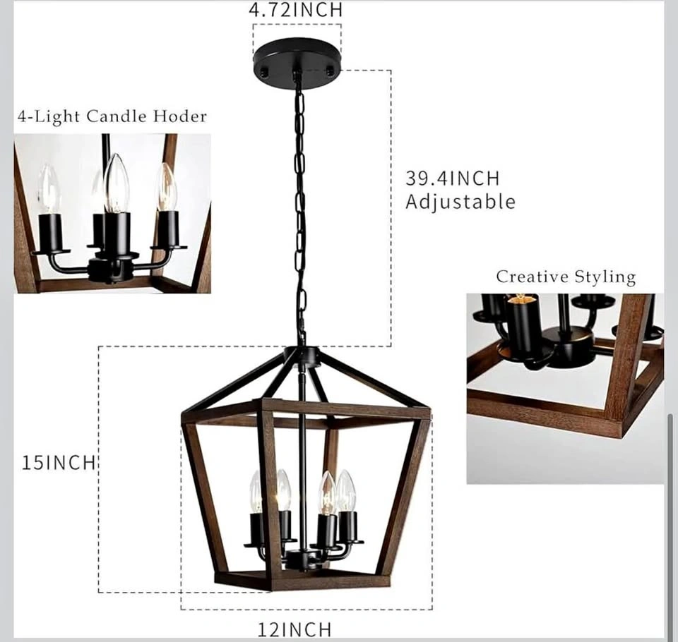 4-Light Lantern Pendant Light, Black Wood Cage Farmhouse Chandel
