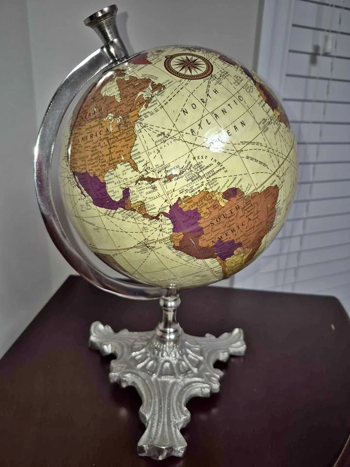 Vintage-Style Desktop Globe with Ornate Silver Base