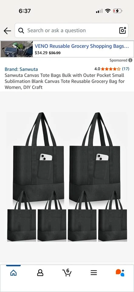 6pc Canvas Tote Bags (Sublimation Friendly)