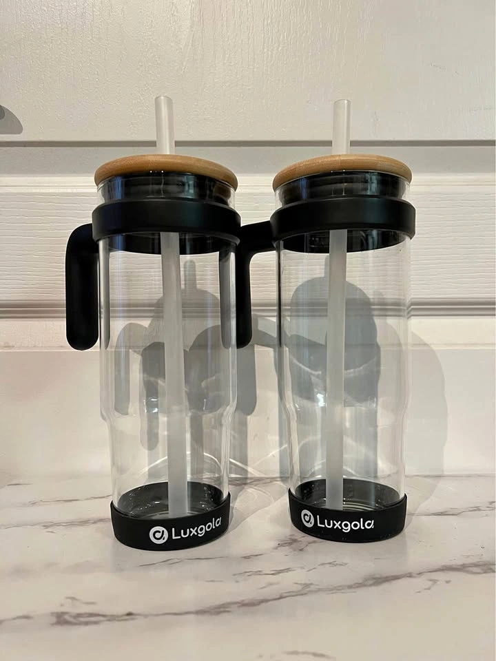 Luxgola Tumblers with Handles, Bamboo Lids, Straws