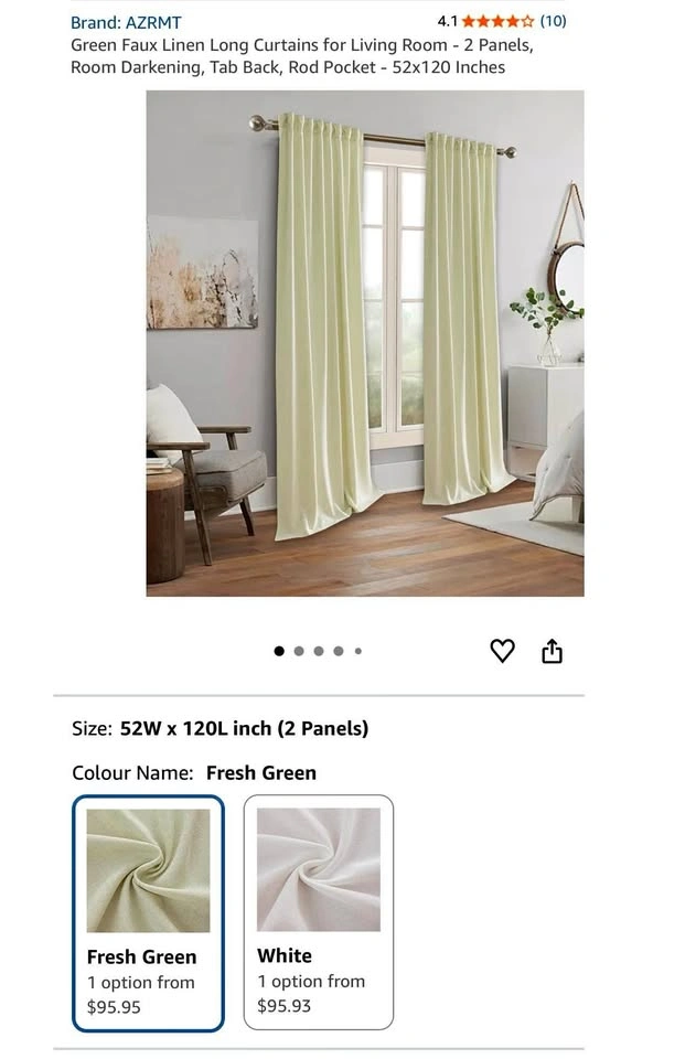NEW 102” Linen Drapes Set Fresh Green