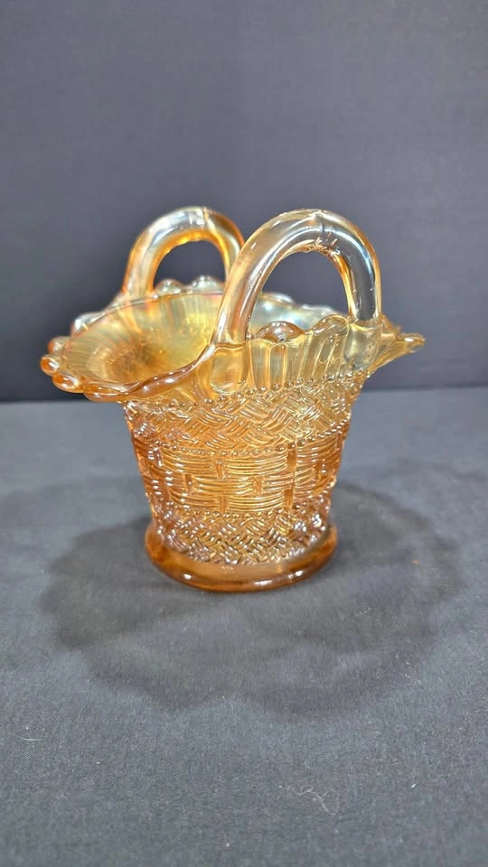 MARIGOLD CARNIVAL GLASS BASKET WITH BASKETWEAVE PATTERN