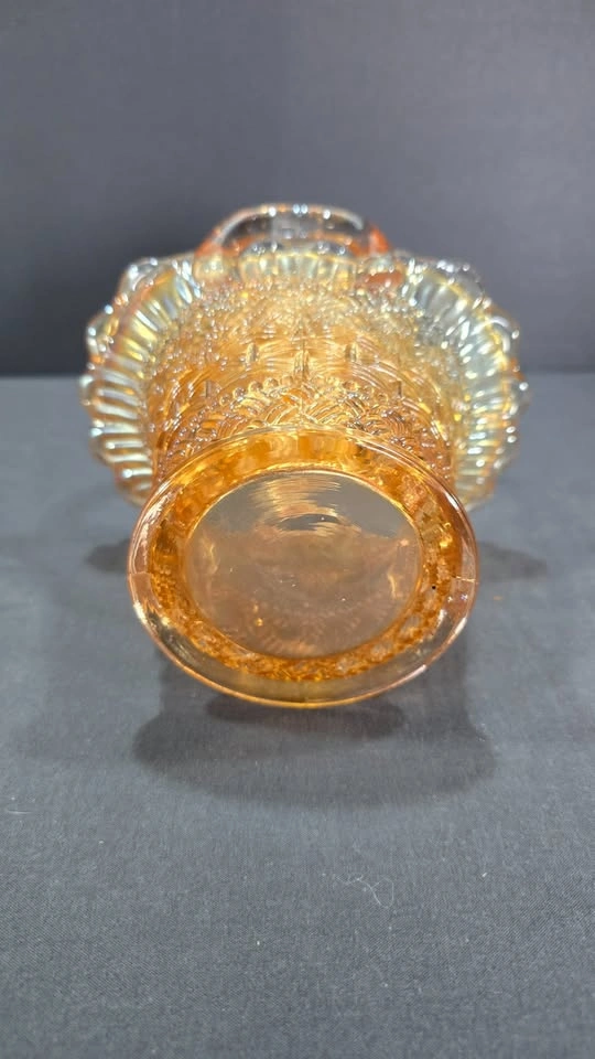 MARIGOLD CARNIVAL GLASS BASKET WITH BASKETWEAVE PATTERN - photo 2