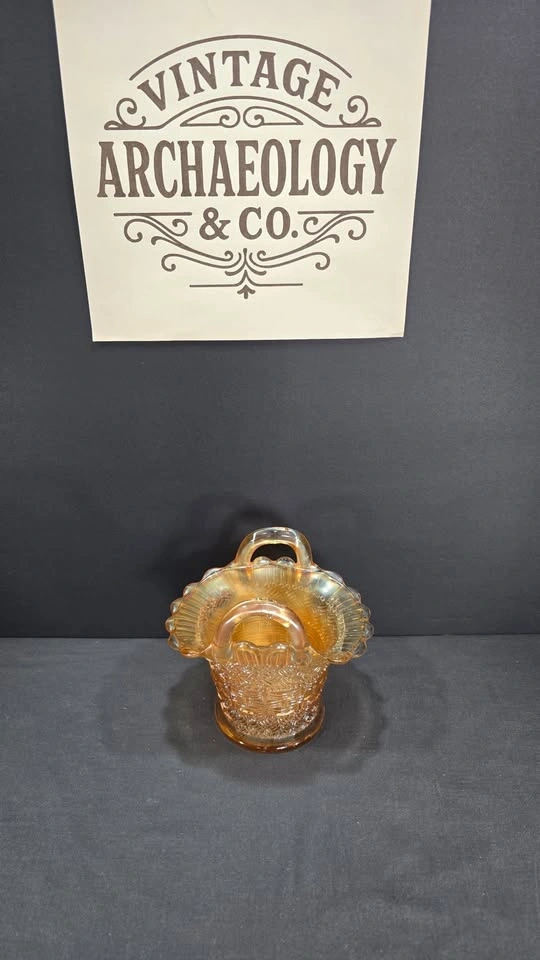 MARIGOLD CARNIVAL GLASS BASKET WITH BASKETWEAVE PATTERN - photo 4