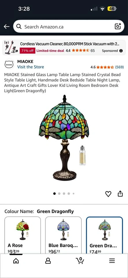 Beautiful Tiffany Style Stained Glass Table Lamp - Green Dragonf