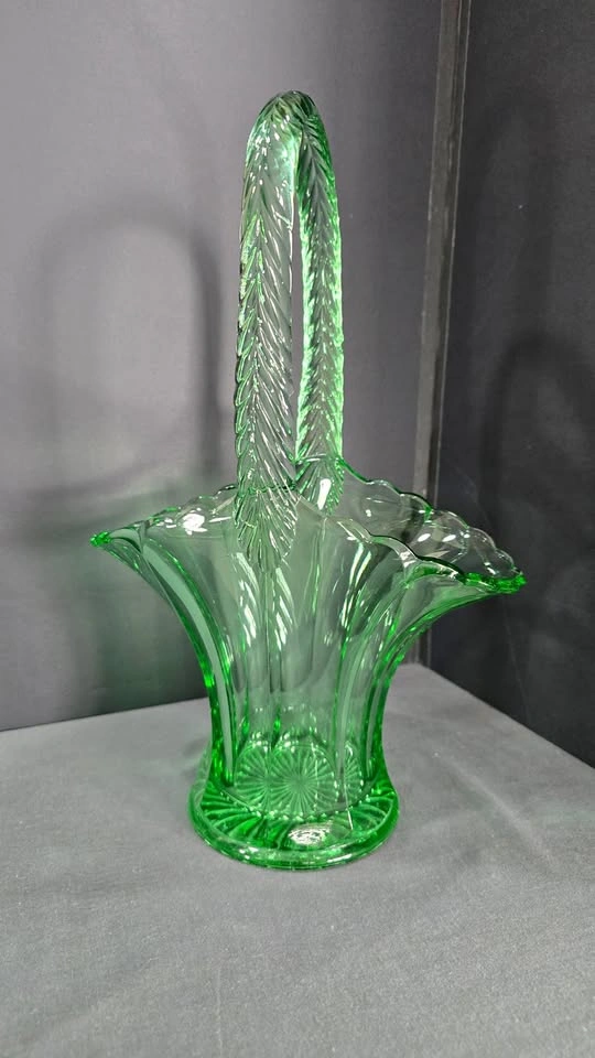 Emerald Green Pressed Glass Basket