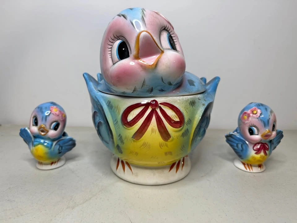Vtg Lefton/Norcross Bluebird Japan Cookie Jar & Salt/Pepper Set