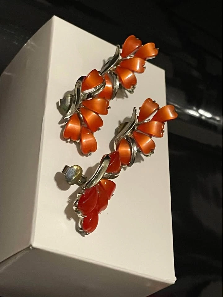 Vintage Red Orange Enamel and Silver Tone Necklace and Earring S - photo 2