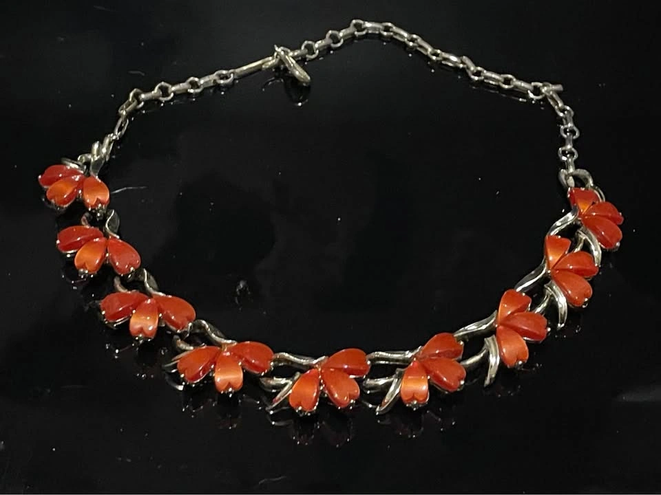 Vintage Red Orange Enamel and Silver Tone Necklace and Earring S - photo 3