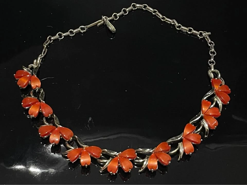 Vintage Red Orange Enamel and Silver Tone Necklace and Earring S - photo 4