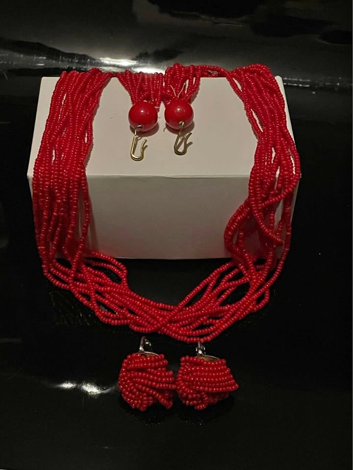 Red Multi Strand Seed Bead Necklace and Earring Set