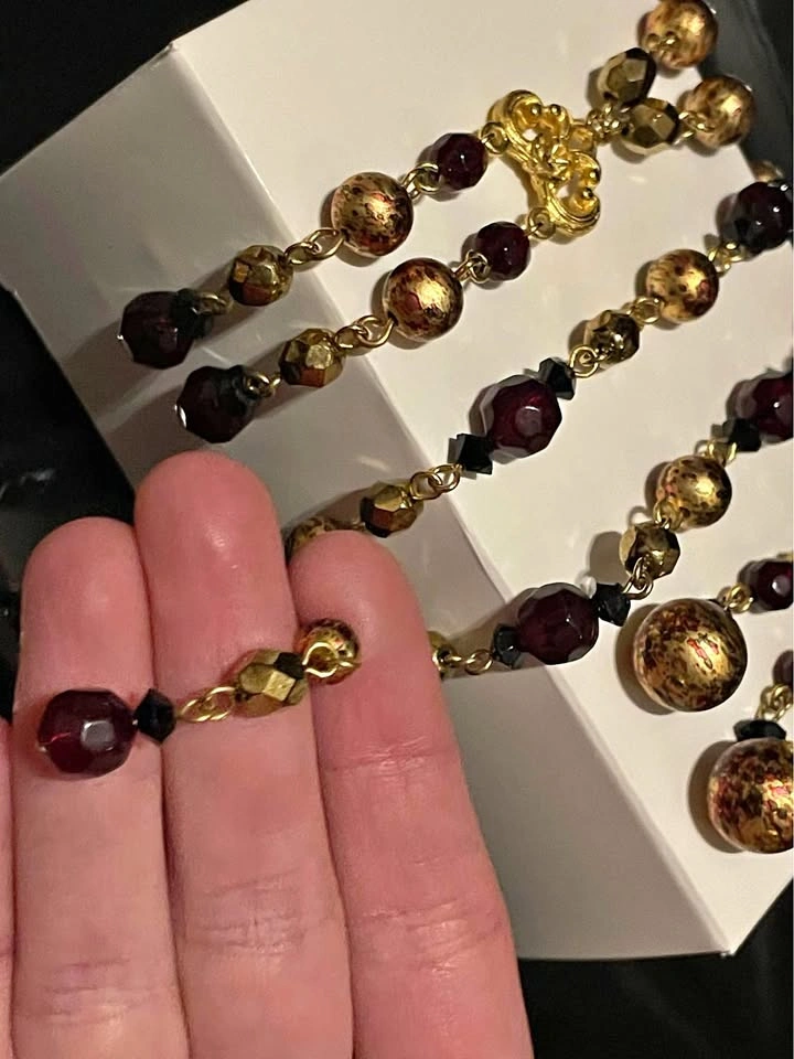 Vintage Gold and Burgundy Beaded Necklace and Earring Set