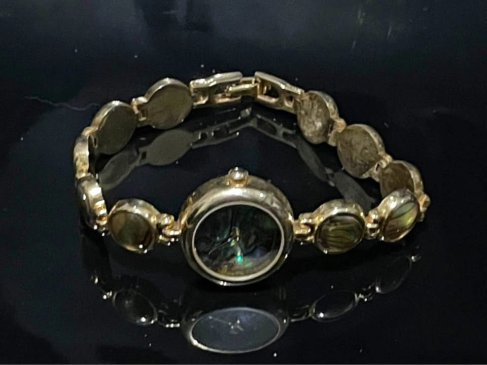 Vintage Gold-Tone Abalone Shell Bracelet Watch