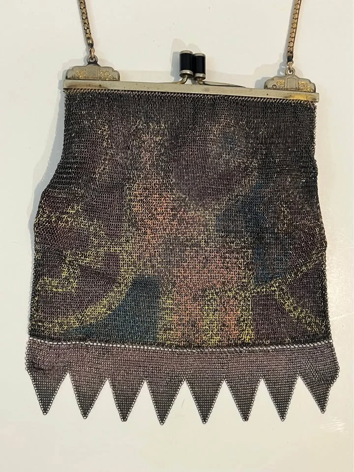 Antique Metal Mesh Flapper Purse Snap Clasp Clutch Painted Mesh - photo 3