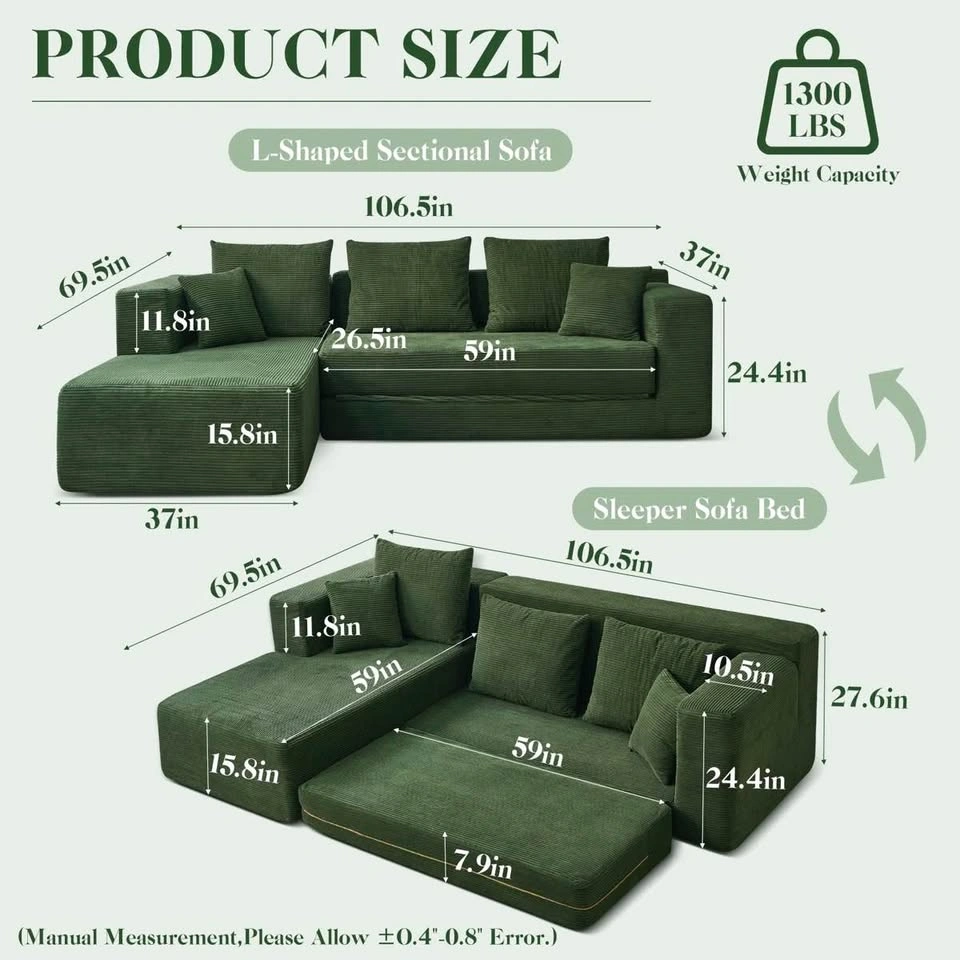 106" Sleeper Sofa - L-Shaped Sectional Couch - photo 5