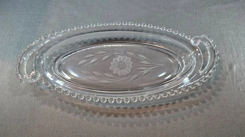 Glass Oval Serving Dish with flower Design and beaded edge
