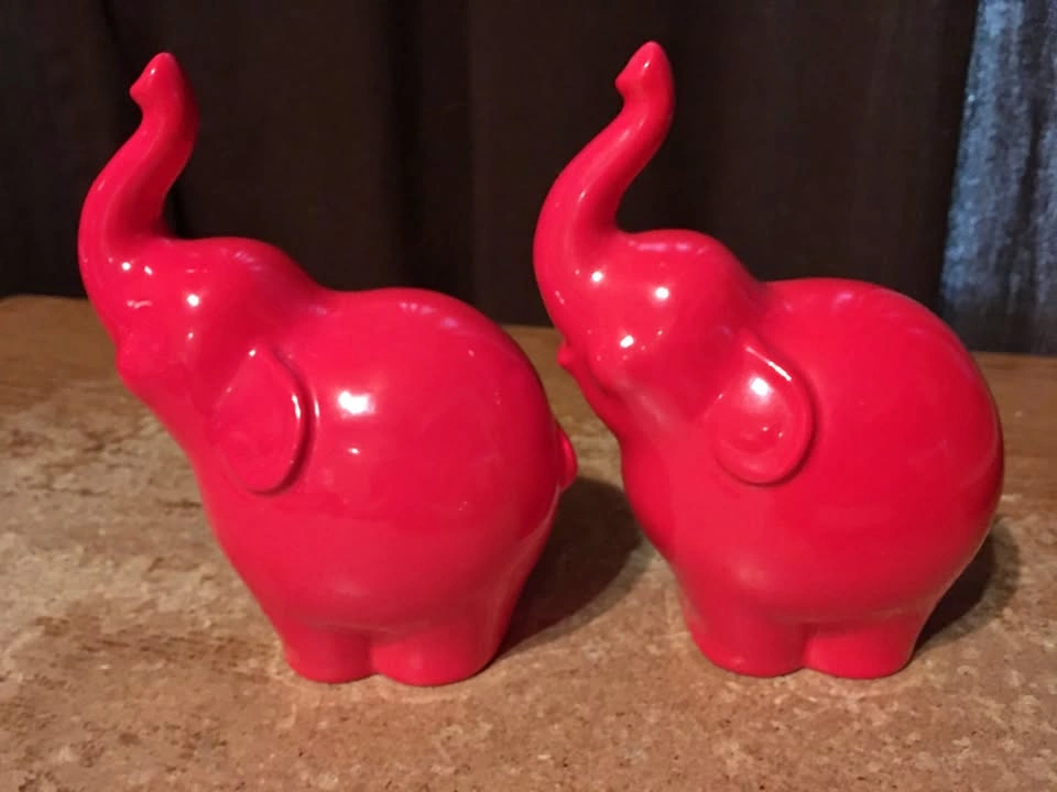 Two Enesco Red Elephants, Trunk Raised, 6.25"