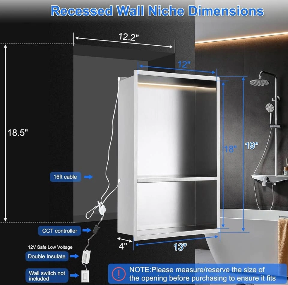 MENATT 12x18" Stainless Steel Shower Niche w/ LED Lights - photo 3