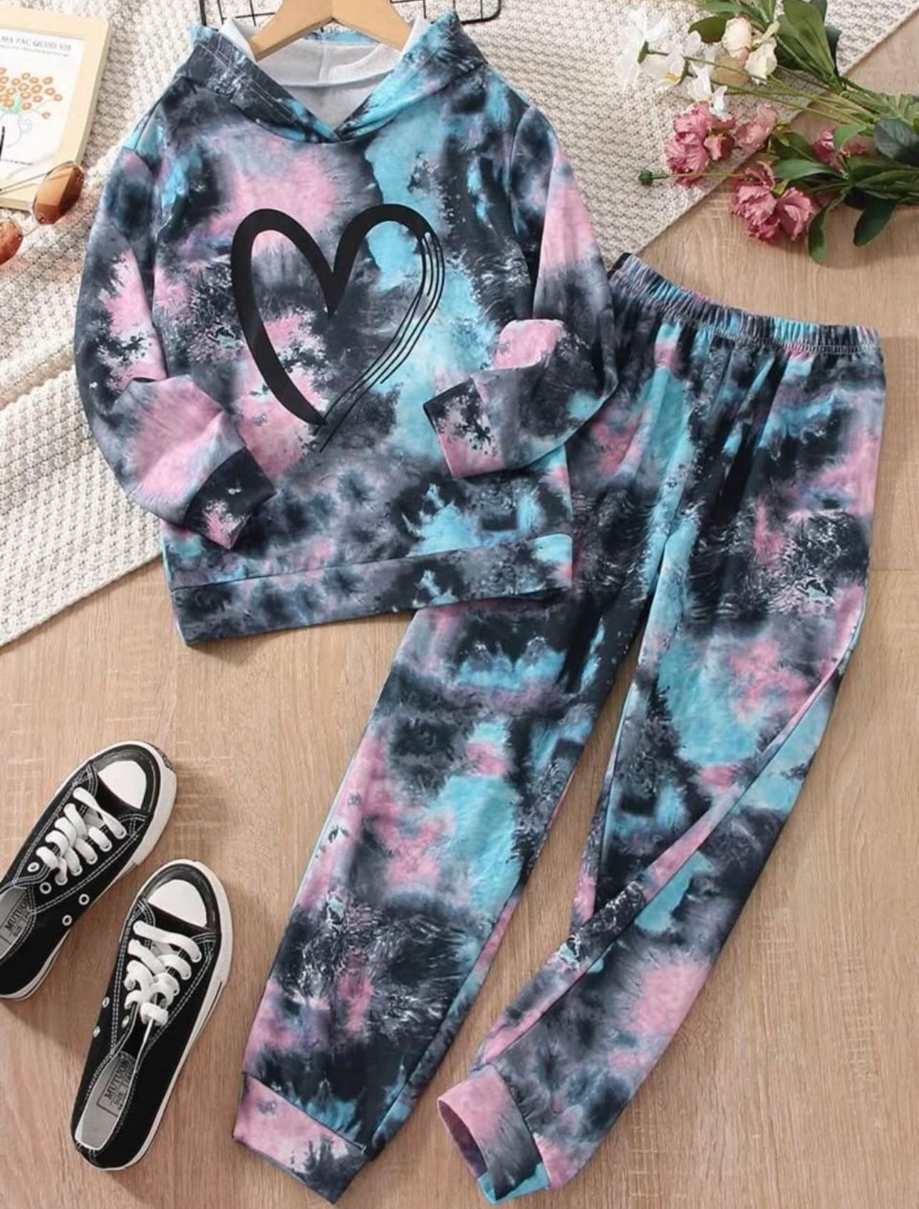 Girls Heart Print Tie Dye Hoodie & Sweatpants