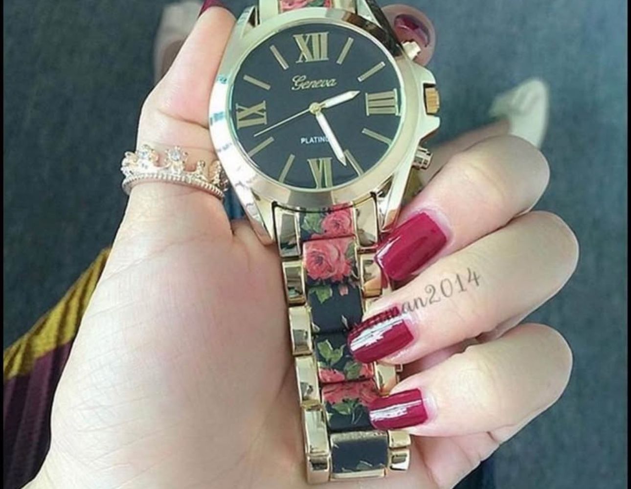Geneva Platinum Floral Roman Numeral Analog Watch