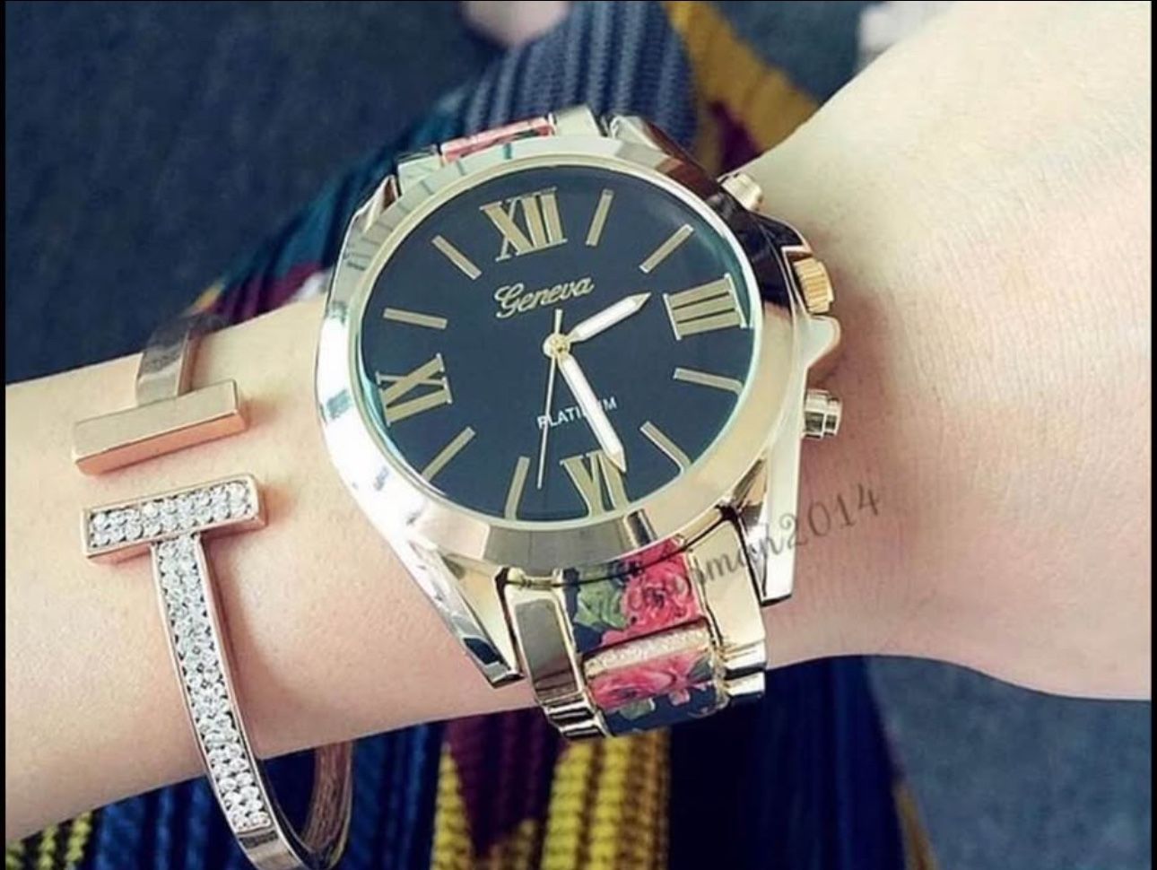 Geneva Platinum Floral Roman Numeral Analog Watch - photo 3