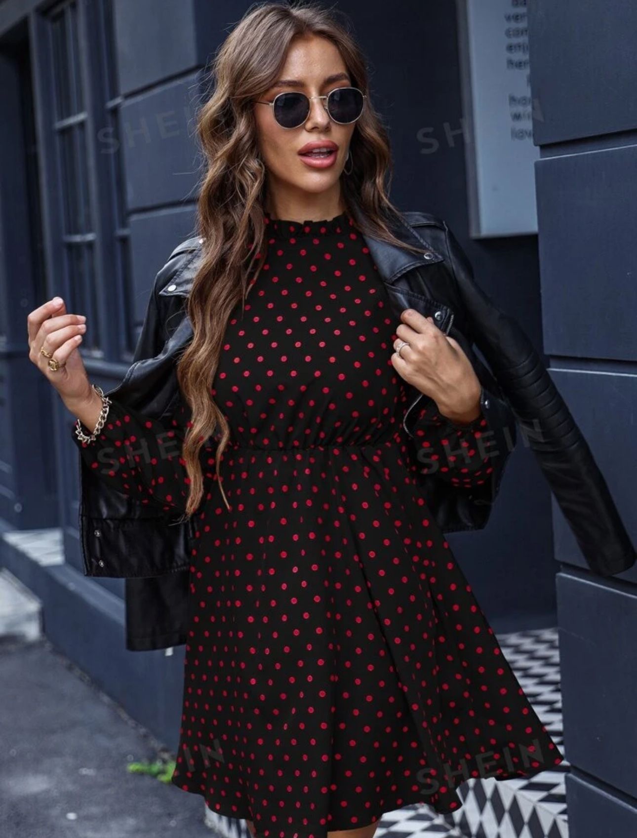 LUNE Polka Dot Keyhole Back Bishop Sleeve Dress