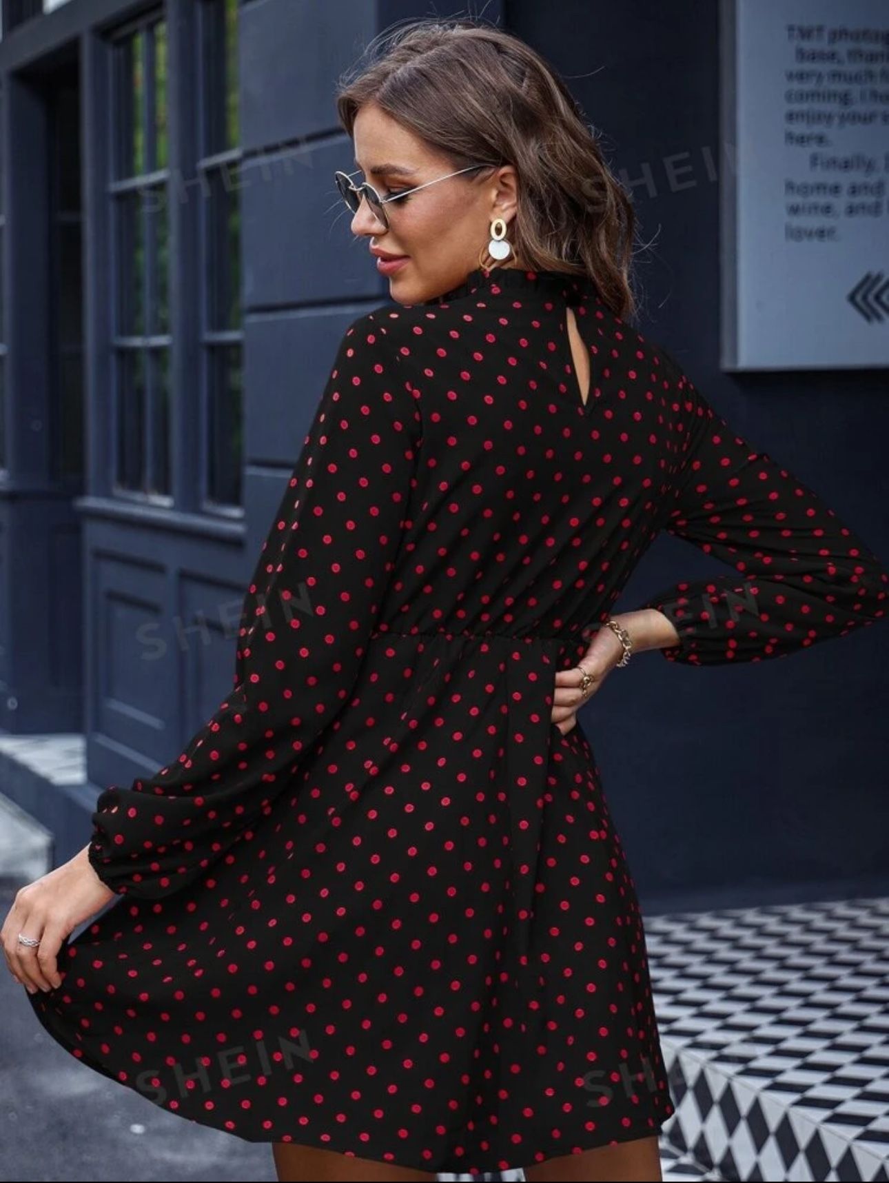 LUNE Polka Dot Keyhole Back Bishop Sleeve Dress - photo 2