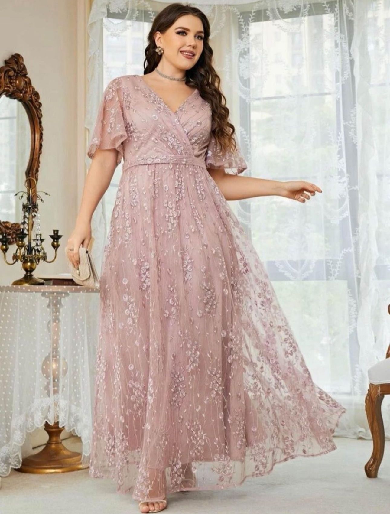 Belle Plus Floral Embroidered Flutter Sleeve Mesh Dress