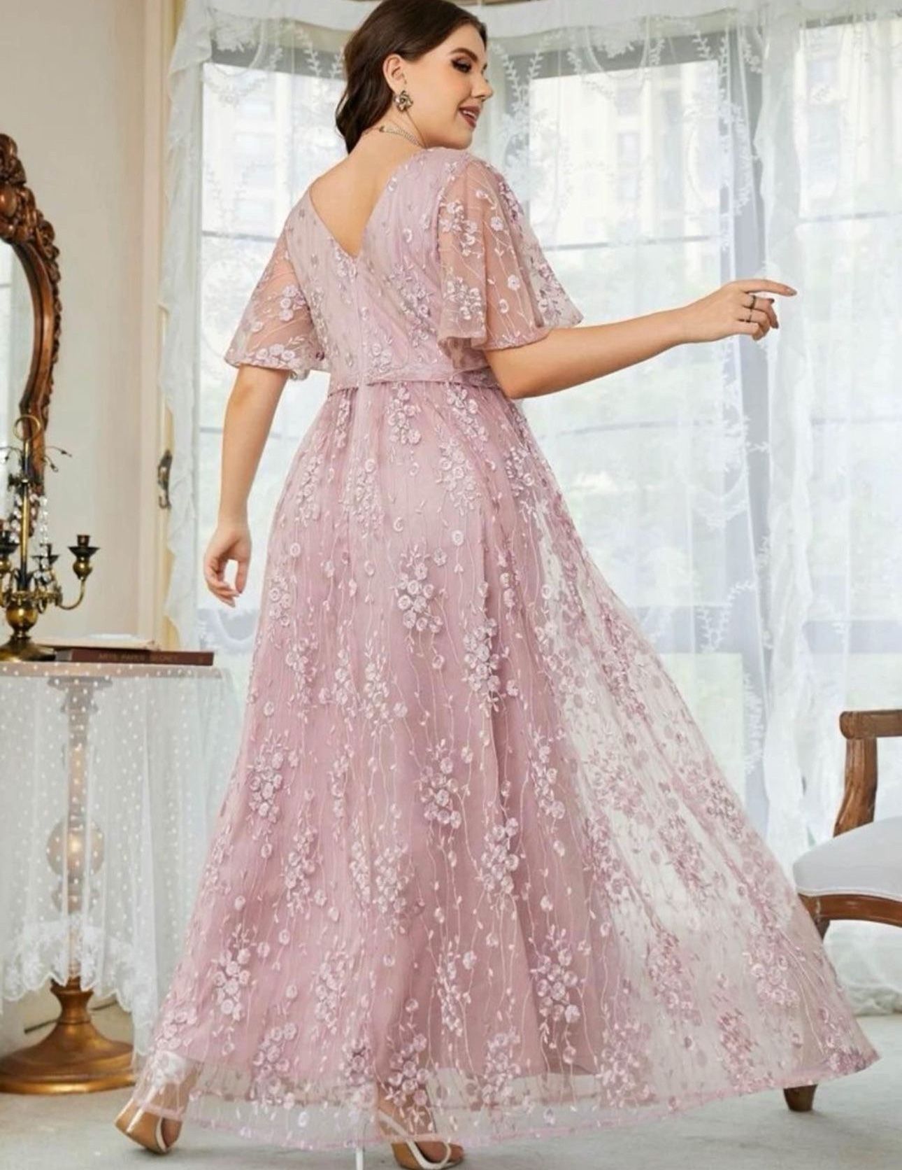 Belle Plus Floral Embroidered Flutter Sleeve Mesh Dress - photo 2