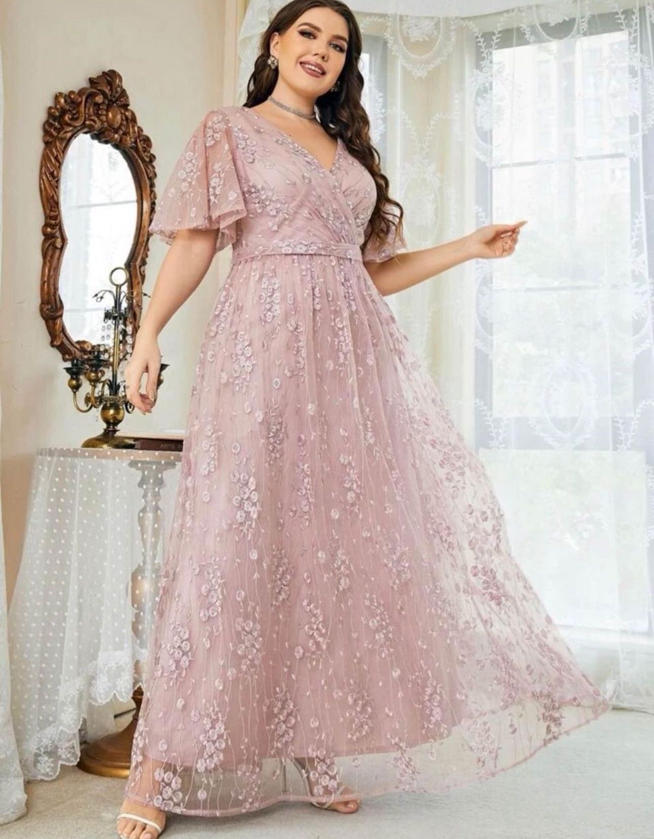 Belle Plus Floral Embroidered Flutter Sleeve Mesh Dress - photo 3