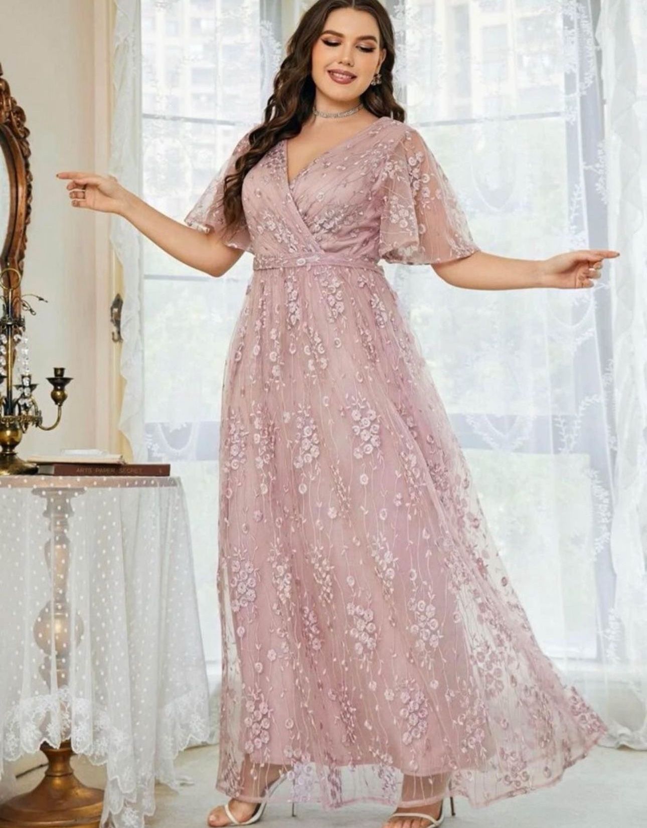 Belle Plus Floral Embroidered Flutter Sleeve Mesh Dress - photo 4
