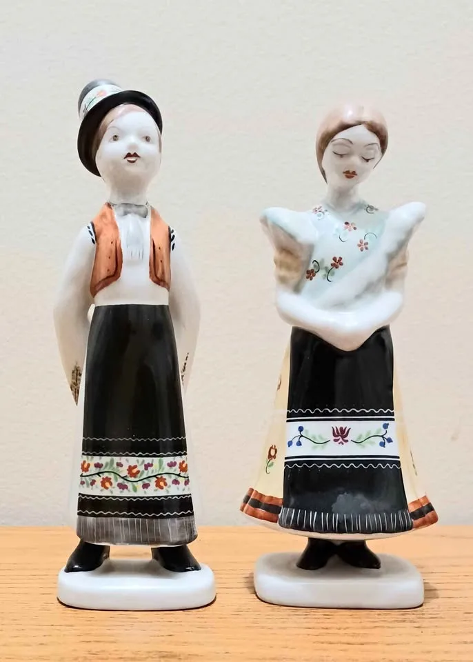 1960's  Handpainted Hollohaza Matyo Girl & Boy Figurines