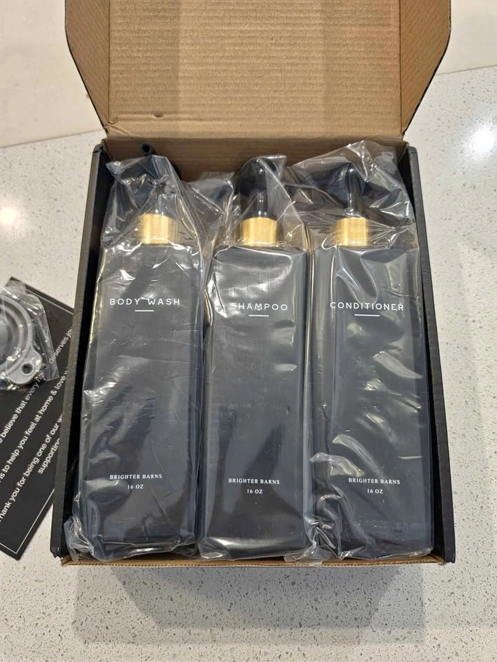 Bathroom Dispensers - Set of 3 Matte Black with Gold Pumps