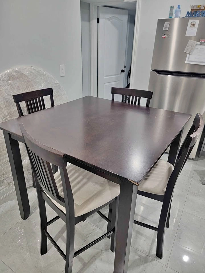 Dark Brown Square Dining Table with 4 Counter Height Chairs
