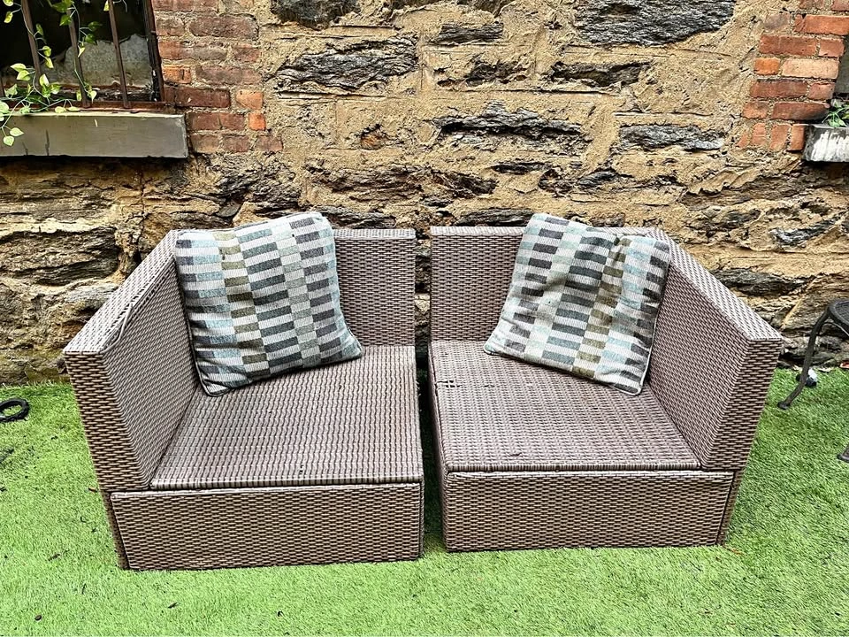 Brown Rattan Patio Chairs with Cushions - 2 Seater