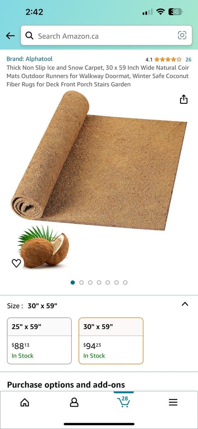 Coir Rug Door Mat 30x59 inch Coconut Fibre - New
