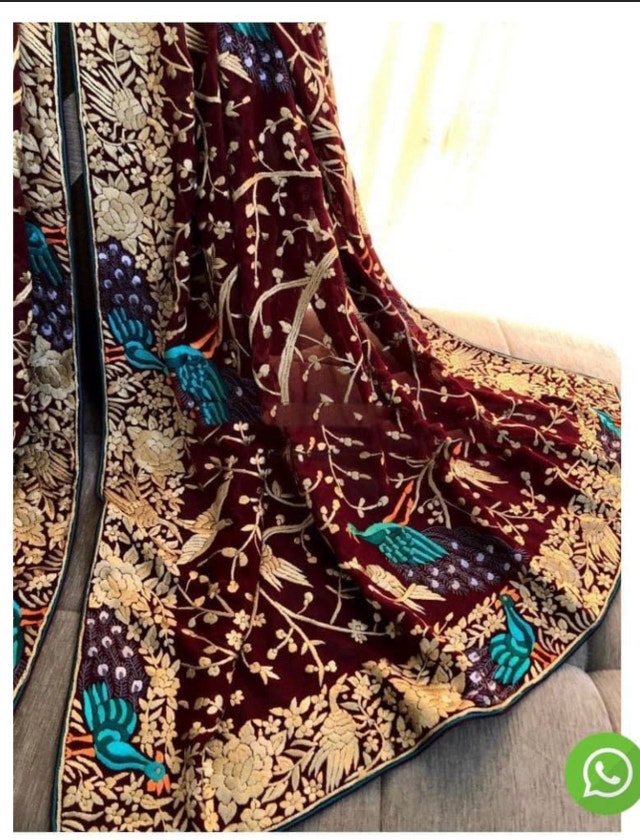 Parsi Gara Hand Crafted Pure Georget Maroon Dupatta Embroidery