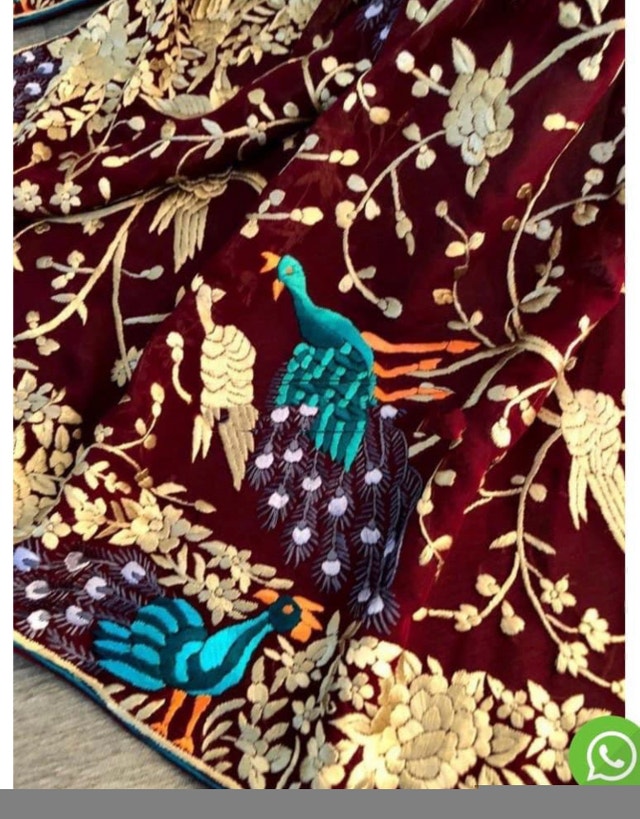 Parsi Gara Hand Crafted Pure Georget Maroon Dupatta Embroidery - photo 3