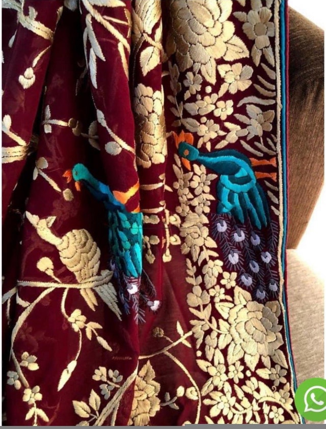 Parsi Gara Hand Crafted Pure Georget Maroon Dupatta Embroidery - photo 4