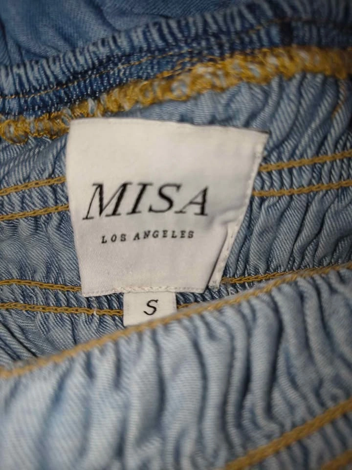 MISA Los Angeles Denim Off-the-Shoulder Wide Leg Jumpsuit S - photo 2